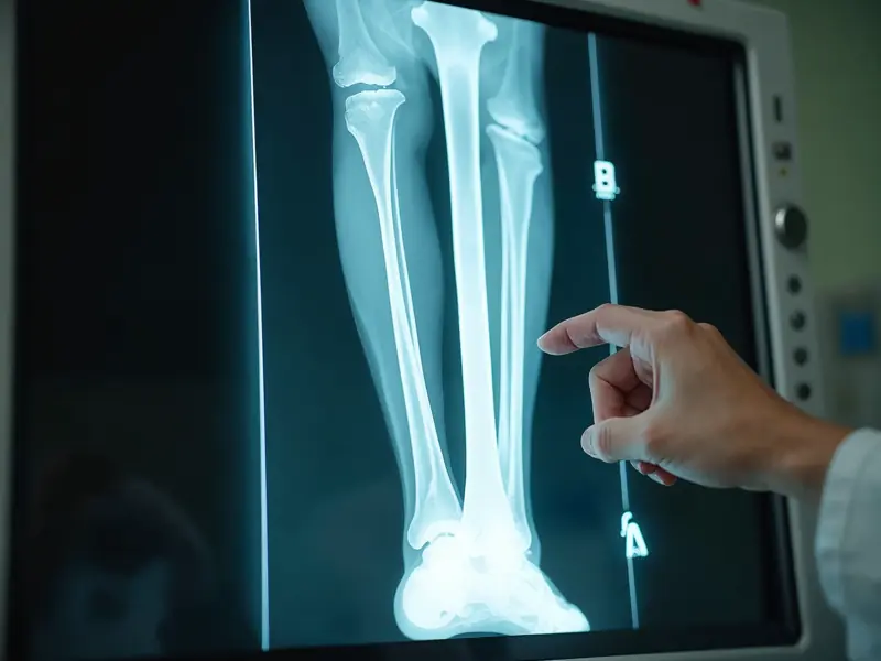Raio-X de perna com haste metálica fixando a tíbia após cirurgia ortopédica